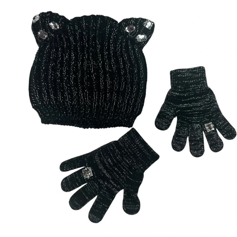 Toby Black Metallic Knit Beanie and Gloves Youth 4–14 Rhinestone Detail